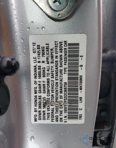 2012 Honda Civic Lx from USA, damaged, VIN 19XFB2F52CE368758